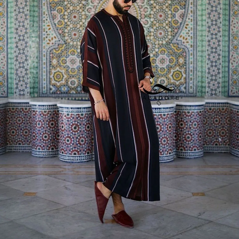 

Men's Striped Arabic Dress African Muslim Robe Dashiki Long Top Splicing Summer Clothing Men's Dress Casual Ethnic For Male 2021