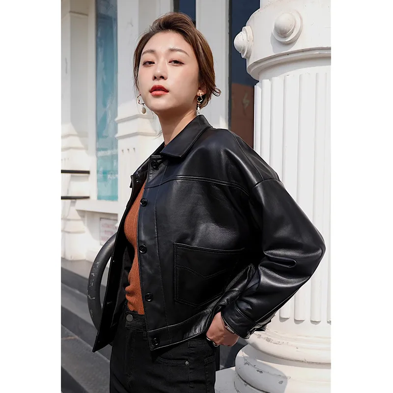 Popular Autumn New Fashion Genuine Leather Short Women's Sheepskin Coat Spring High Quality Single Breasted Jacket with Pocket