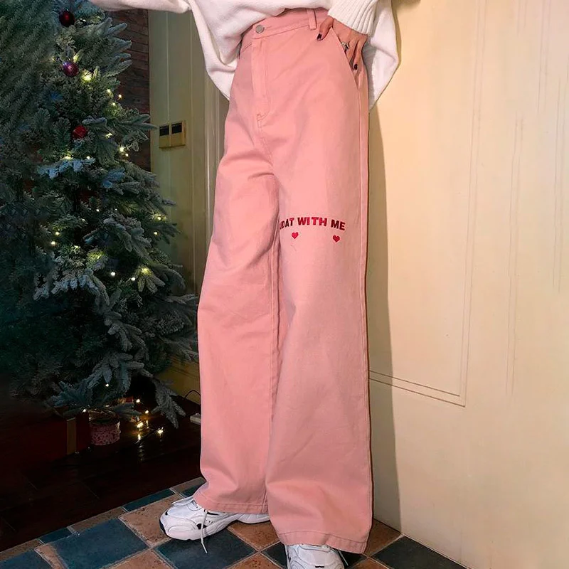 

Женские брюки весна-лето 2021 Новинка корейские розовые повседневные Прямые брюки с вышивкой Love узкие джинсы с высокой талией для женщин Своб...