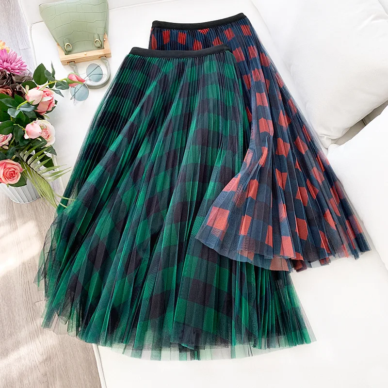

Spring Summer Vintage A-line Plaid Long Tulle Mesh Lace Skirt England Office Lady Party Elastic Waist Bubble Pleated Skirts