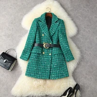 2021 winter womens tweed sequined plaid notched collar high waist slimming commuter mini jacket dress above the knees green