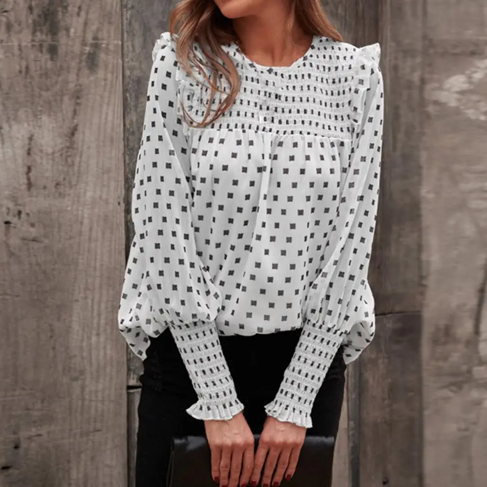 

2021 Spring Autumn Chic Women Blouses Chiffon Style Shirts Lady Casual Long Sleeve O-Neck Polka Dot Printed Chiffon Blusas Tops