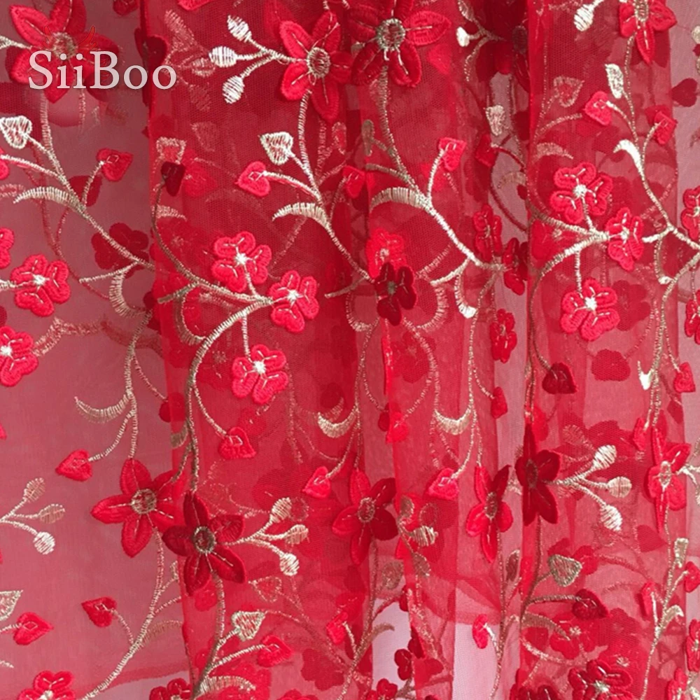 Красный Тисненый Цветочный вышитый сетчатый кружевной материал одежда для