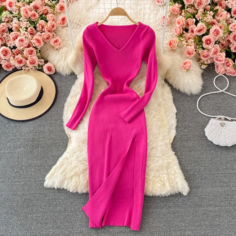 

2022 slim vintage v neck Autumn Bodycon Knitted Sweater long dress summer sexy split stretch vestidos Women elegant tunic dress