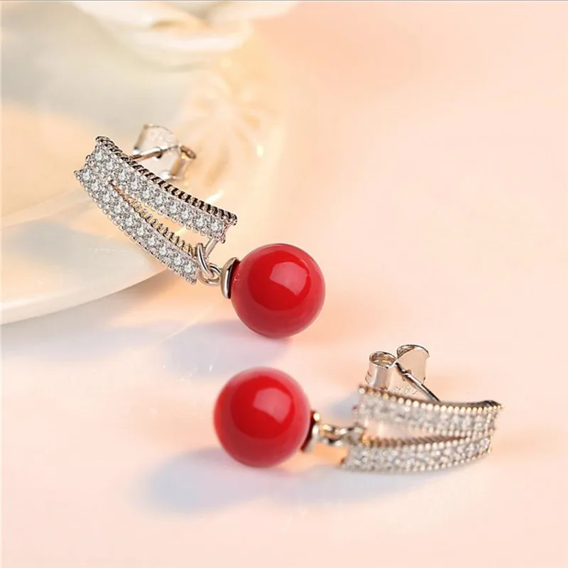 Винтажные красные серьги-капельки с жемчугом женские серебряные серьги 925 пробы