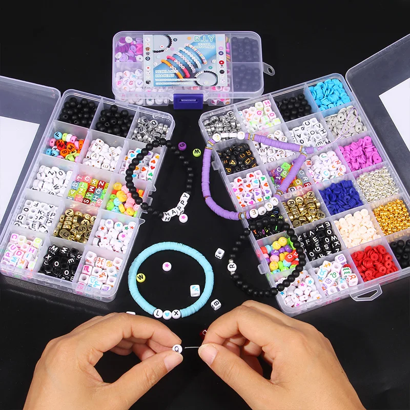 

Hot Sale Mix Jewelry Loose Beads Kit 6MM Polymer Clay Bead Acrylic Letter 12 Constellation spacer Bead Kit with Elastic Cord Box