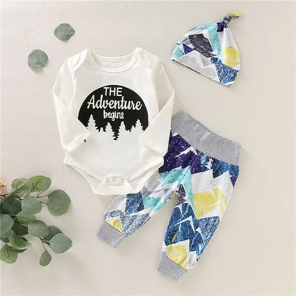 Baby Boys Girls Clothes Set 2019 Toddler Infant Newborn Autumn Long Sleeve Letter Bodysuit Tops Pants Hat Clothing Outfits 2PCs | Детская