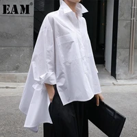 eam 2021 new spring autumn lapel long sleeve white back long loose big size irregular shirt women blouse fashion tide ju847