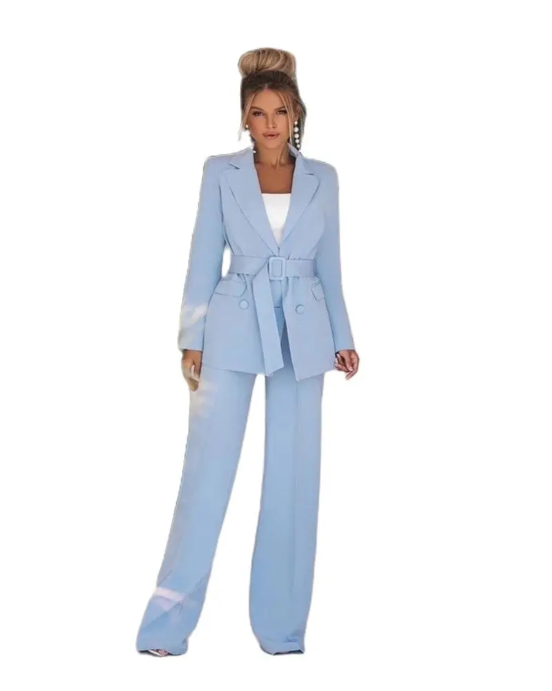 

Sky Blue Notch Lapel Double-breasted Women Suit With Belt Custom Made Ladies Evening Party Tuxedos Formal Work Wear For Occasion