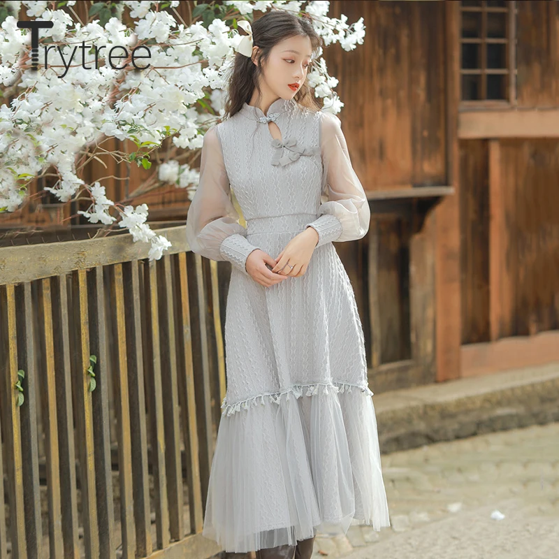 

Trytree 2021 Spring Autumn Women's Dress Casual Knitted Cheongsam Collar Bow Patchwork Mesh Puff Sleeve Ruffles Elegant Dress