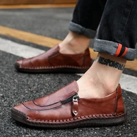 genuine leather autumn spring men shoes large size 48 fashion zipper footwear men casual brown black loafers korean style men