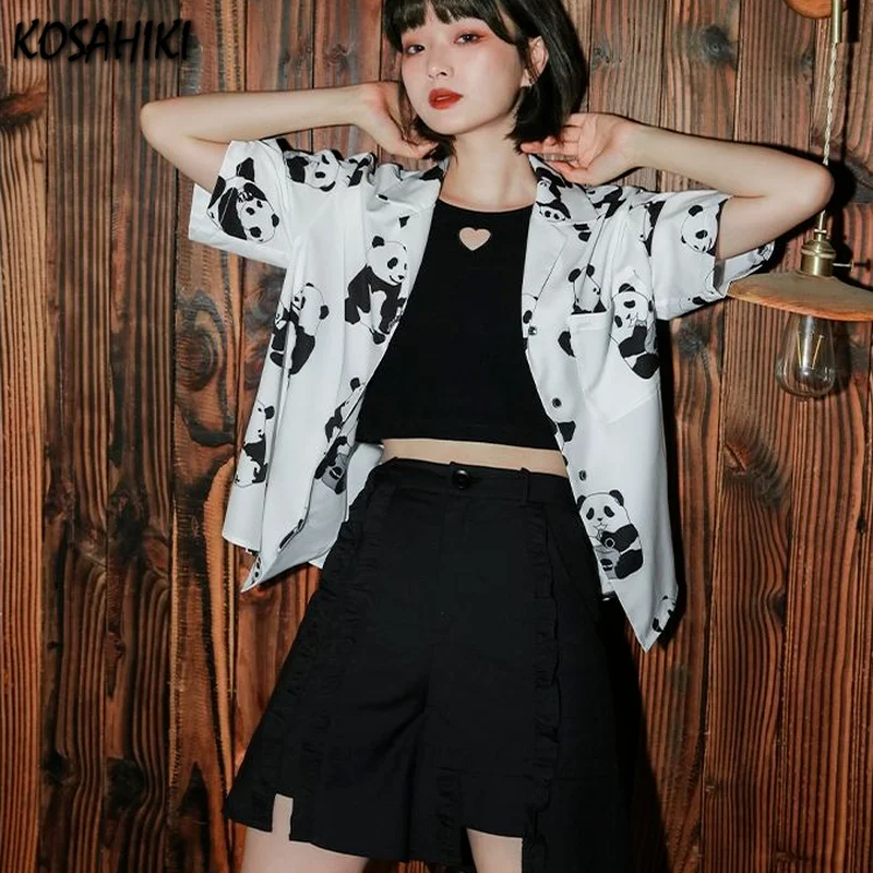 

Женская белая блузка с принтом панды, летняя Свободная рубашка с коротким рукавом, 2021