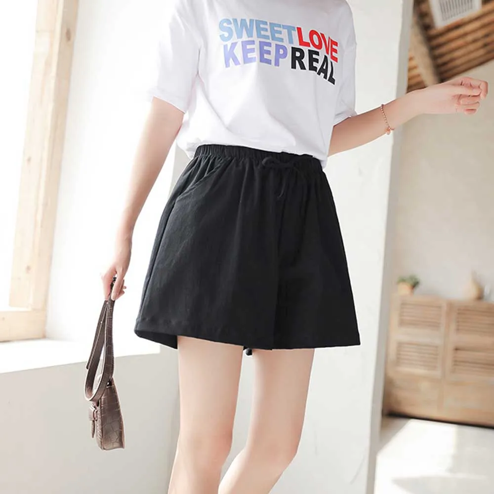 Женские шорты из хлопка и льна с высокой талией широкими штанинами WDC7622 | Женская