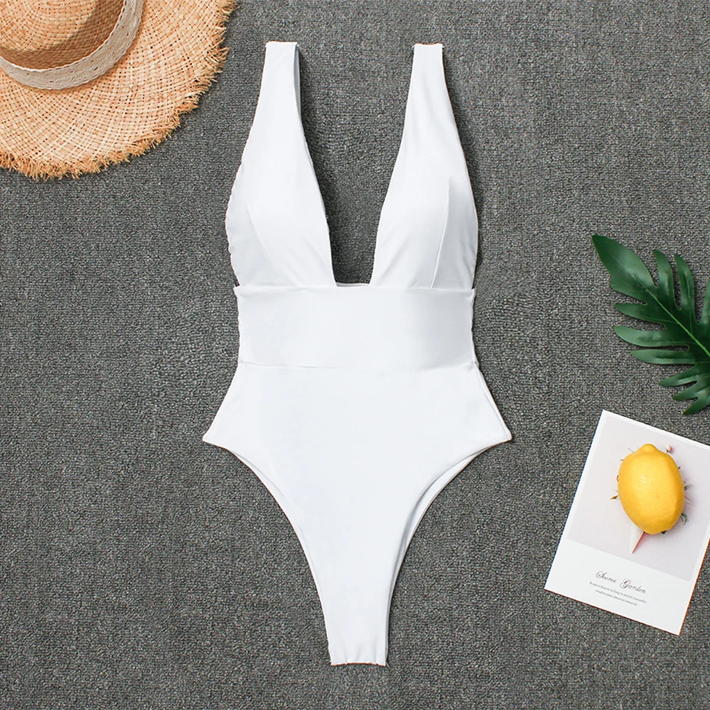 

Deep V White Monokini Plunging Thong Bathing Suit Women One Piece Swimsuit Bodysuit White Women Swim Wear Female Sex Swimwear