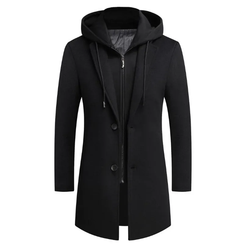 Men's Hooded Wool Jacket Winter Autumn Mens Long Windproof Wool Coat Casual Thick Slim Fit Jacket Male Business casual Overcoat