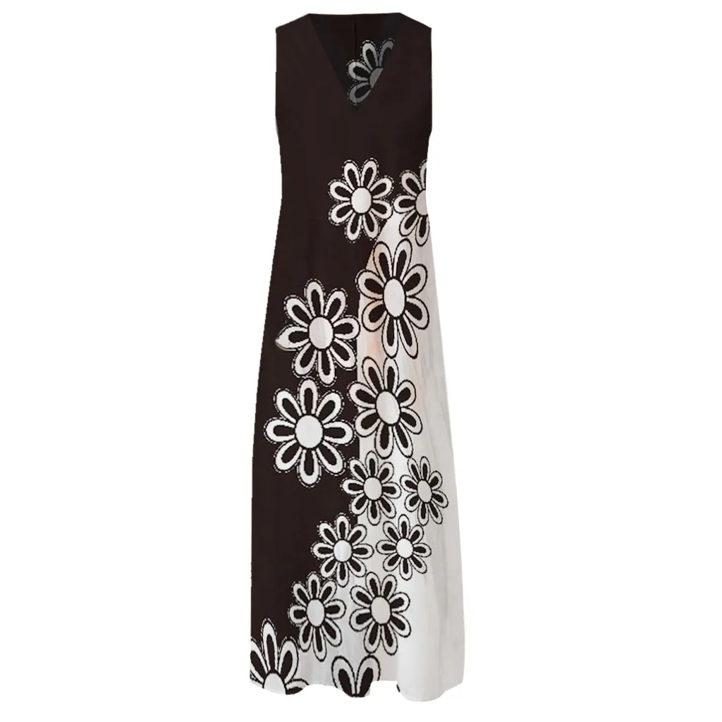 

40# Boho Floral Printed Maxi Dress Vintage Pockets Tank Dress Slim V-neck Sleeveless Elegant Summer Dress Big Swing Robe Femme