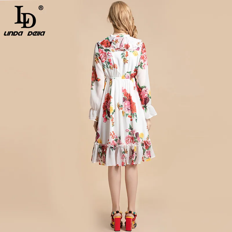 

LD LINDA DELLA Summer Fashion Runway Bow tie Dress Women Long Sleeve Floral Print Ruffles holiday Elegant Chiffon Dress vestido