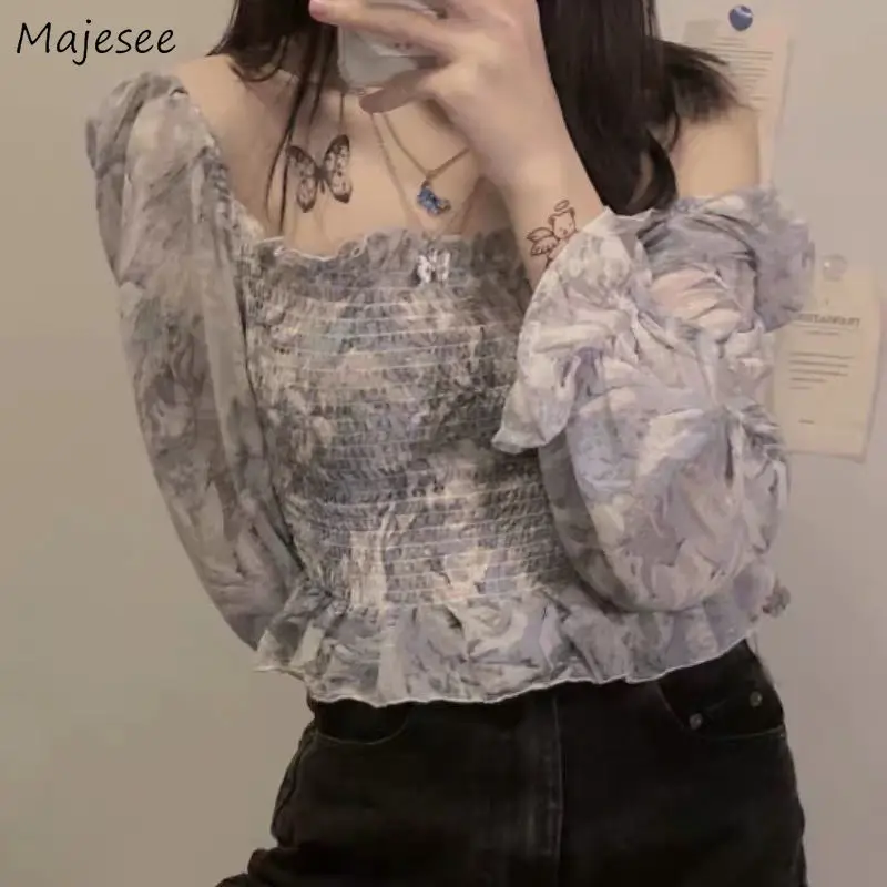 

Blouses Women Crop Top Printed Full Sleeve Korean Style Stylish Designer Soft Sexy Streetwear Leisure Off Shoulder Females Chic