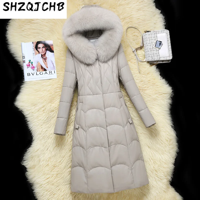 

SHZQ корейский приталенный пуховик из овечьей кожи женское среднее и длинное Новое кожаное пальто из лисьего меха меховое пальто