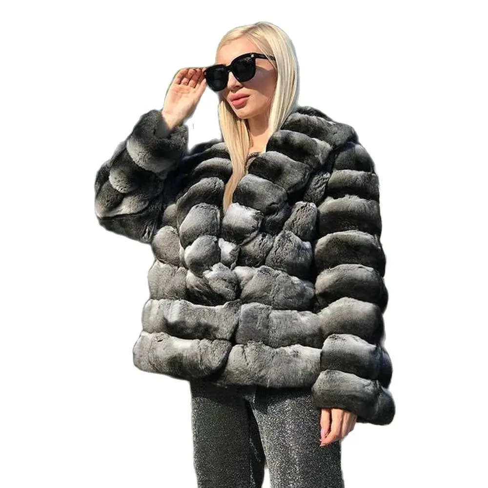 Woman Natural Rex Rabbit Fur Jacket Medium Length High Quality Winter Fashion Genuine Rex Rabbit Fur Coat with Turn-down Collar enlarge
