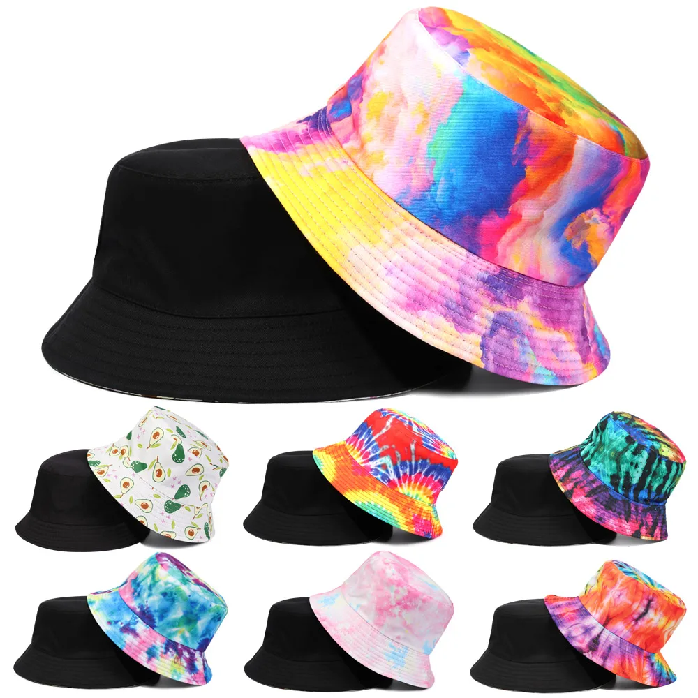 

2021 New Hot Tie Dye Bucket Hats Reversible Double-Side-Wear Hat Avocado Zebra Cow Print Packable Outdoor Sun Hat Fisherman Caps