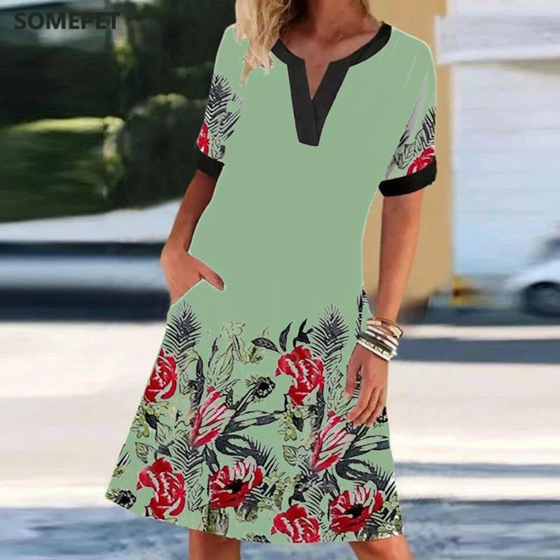 

Casual Plus Size Dresses Summer Women Fashion Floral Print Short-sleeve Dress New Summer Ladies Elegant V Neck A-line Dress