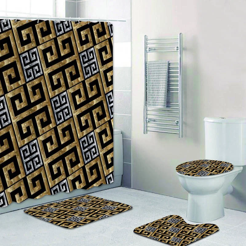 3D Luxury Black Gold Greek Key Meander Baroque Bathroom Curtains Shower Curtain Set for Modern Geometric Bath Rug Decor | Дом и сад