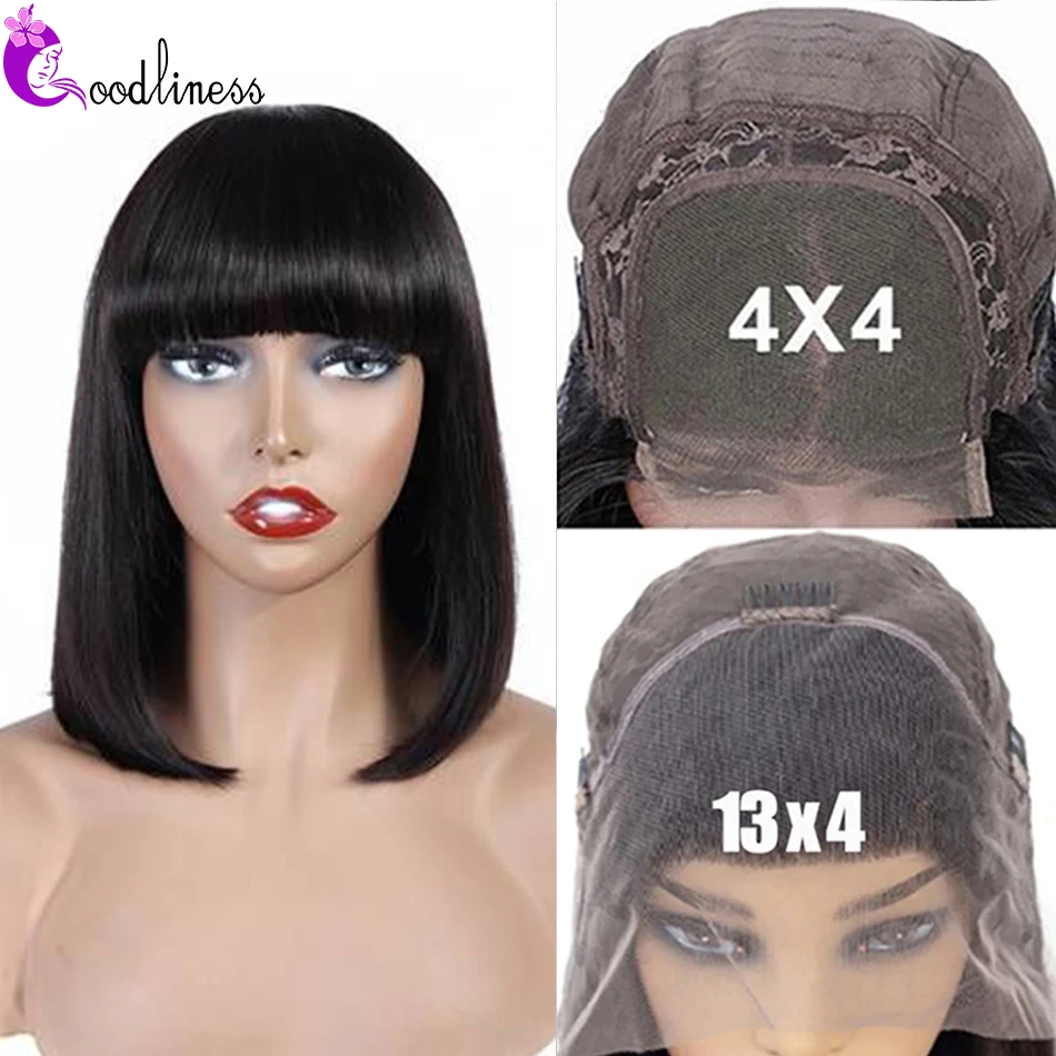 

Straight Bob Lace Front Human Hair Wig With Bang Brazilian 4x4 Closure Wig Straight Frontal Bob Wig Remy 150