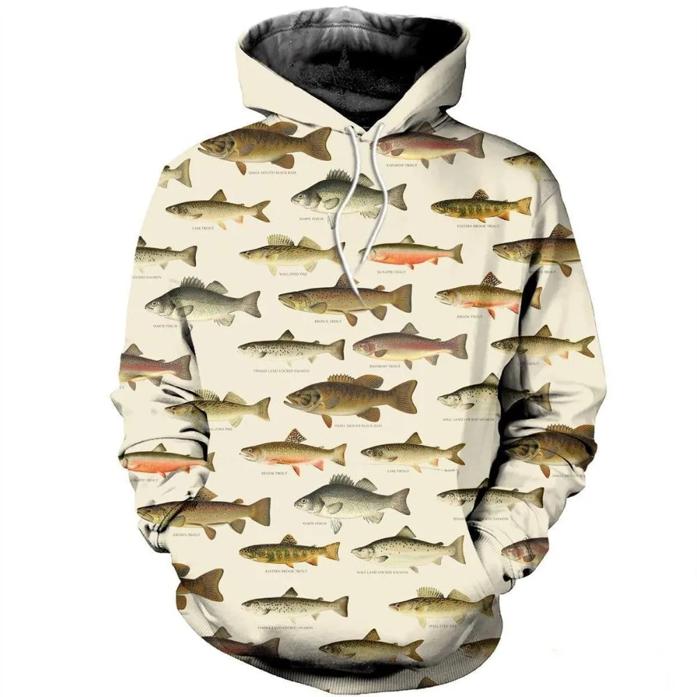 

New Vintage Fashion Mens hoodies 3D Printed North American Fishes Sweatshirt Harajuku Casual Streetwear