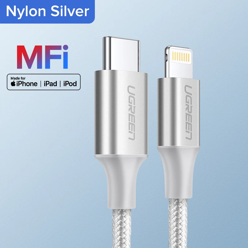 Nylon Silver Ugreen MFi USB C к Lightning Кабель для iPhone 11 Pro XS Max X 8 18 Вт PD быстрое зарядное устройство кабель для передачи данных для Macbook iPad Pro USB C шнур - Цвет: Nylon Silver