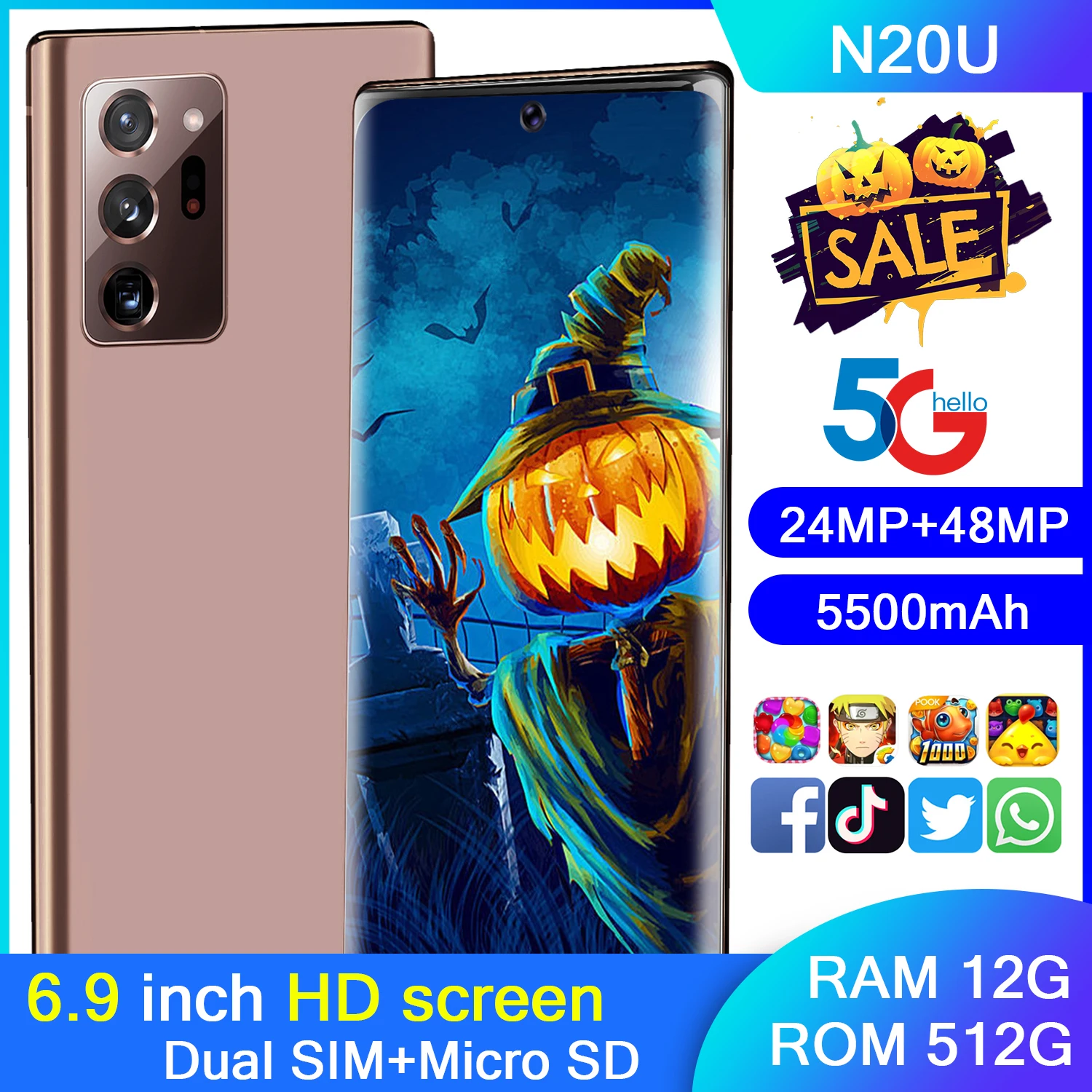 

N20U 6.9Inch 12GB 128GB Smartphones 24MP+48MP Celular Android 10 5500mAh Ten Core Really MTK6889 4G 5G Dual SIM Global Version