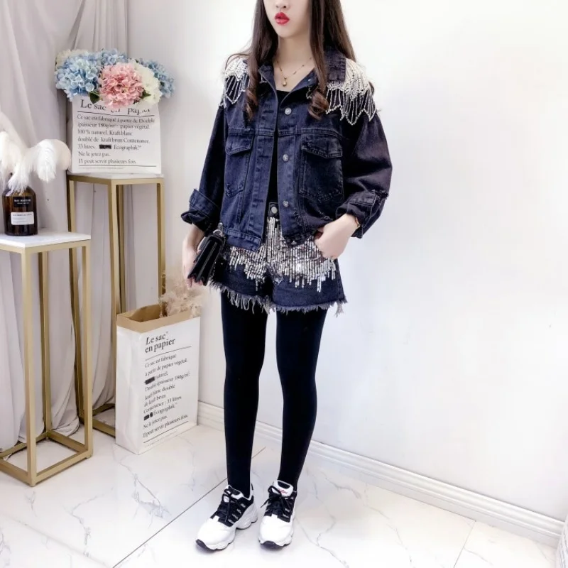 

Euro Embroidered Flares Tassel Womens Autumn Denim Jackets Long Sleeve Single Breasted Hole Ripped Loose Outerwear Short Coats