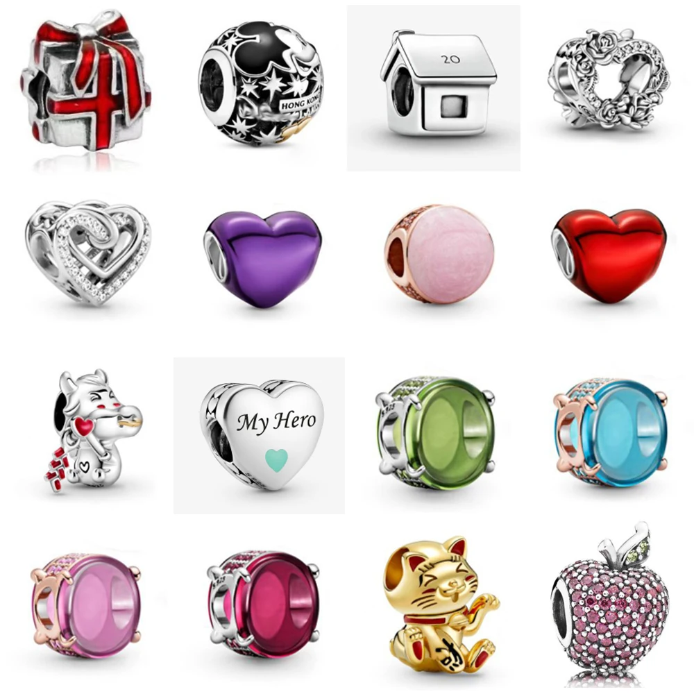 

NEW 100% 925 Sterling Silver Gift Bow Box Diamond Apple Lucky Cat Multi-color Crystal Heart-shaped Enamel Charm Bead Jewelry