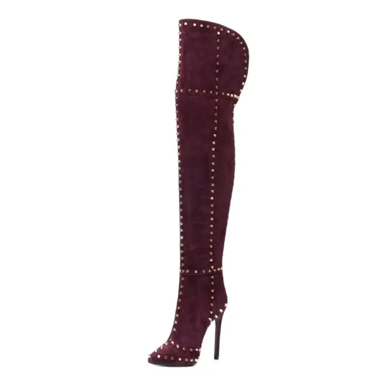 

Woman Autumn Winter Boots Gold Rivets Studded Wine Red Thigh High Boots Pointed Toe Back Big V Hollow High Ladies Shoes