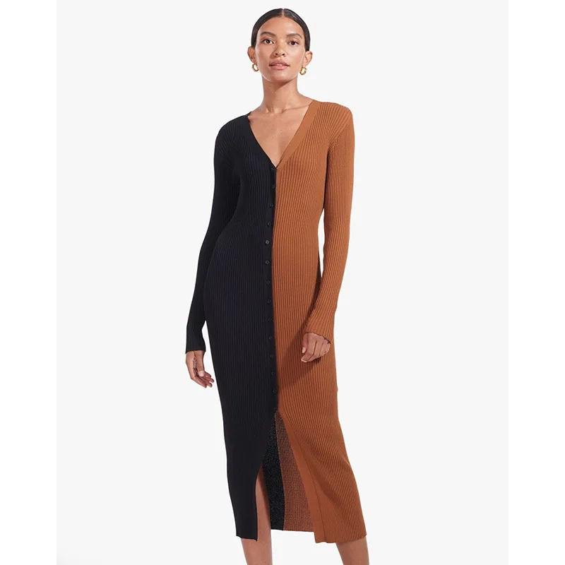 

Black Winter Dress Women Turndown Collar Colorblock Buttons Long Sleeve Casual Dresses Sexy Midi Dress Streetwear Woman Dress