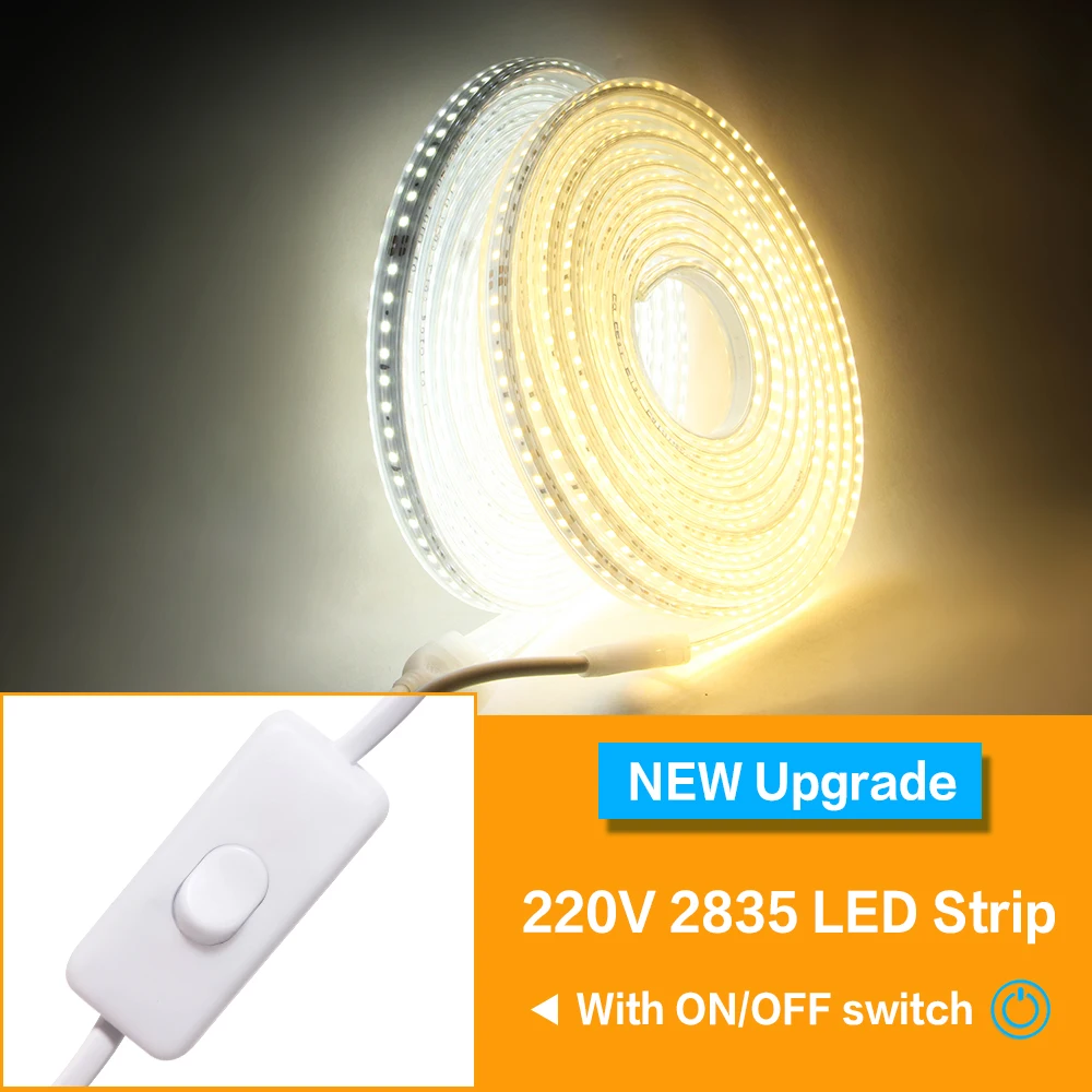 

220V LED Strip Light 2835 Waterproof led strip High Brightness 120LEDs/m Flexible LED Light Kitchen Outdoor Garden With Switch
