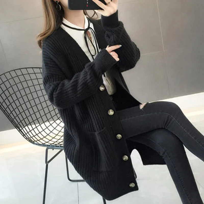 Autumn/winter Fashion Women Cardigans Long Sleeve Button Sweater Women Casual Solid Long Women Cardigan 5784 50 - Цвет: Черный
