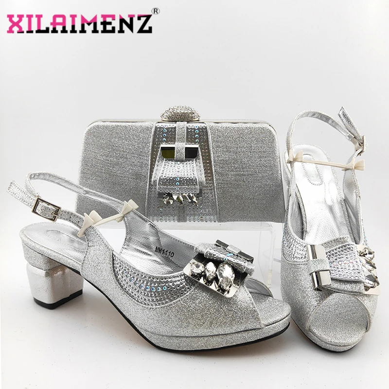 Набор женских туфель в нигерийском стиле вечерняя Обувь серебристого цвета на