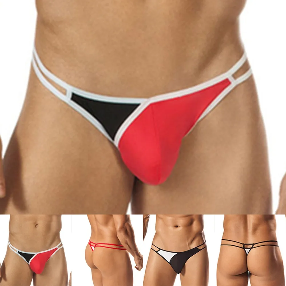 

Men Briefs Sexy T-Back See-Through G-String Thongs Low Waist Underwear Patchwork Pouch U Convex Briefs Underpants Male