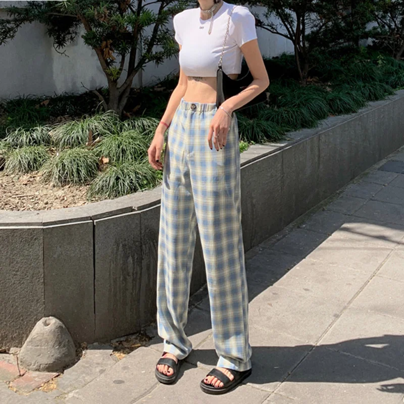 

2021 spring new fashion high waist slim blue plaid drape loose straight leg mopping wide leg casual pants women