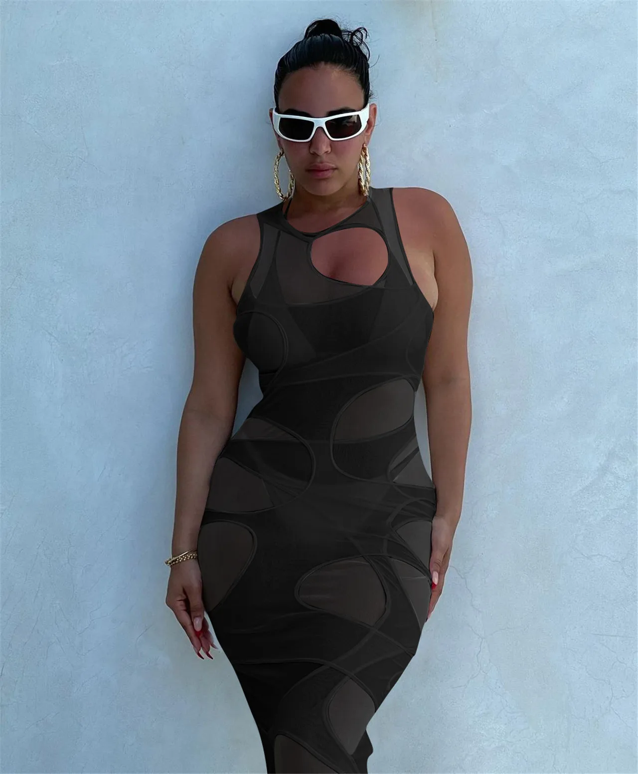 

Echoine Women Long Dress Solid Mesh Hollow Out Sleeveless Sheath Elastic Ankle Length Dresses High Street Sexy Fashion Dress