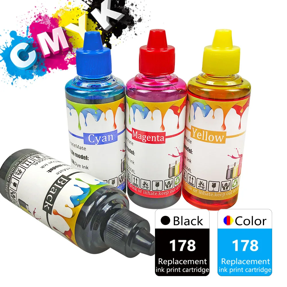 

100ml Inks Black Color Compatible for HP 178 Ink Refill Kits Photosmart CN503C 7510 C311a B8550 B8553 C5324 C5370 C5373 Printer