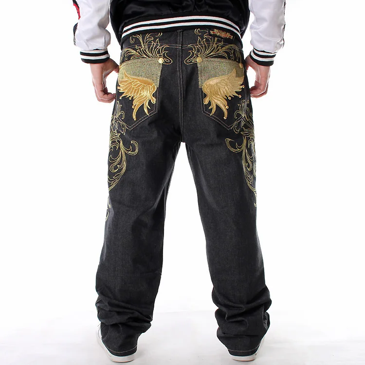 Black Plus Fat Plus Size Embroidered Trousers Hip-hop Casual Loose Skateboard Pants Men Fashion Trendy Hip Hop Jeans