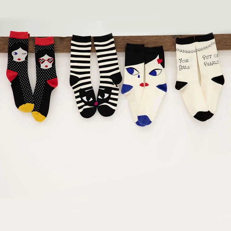Новые модные эксклюзивные Хлопковые женские носки с кукольным принтом высокого