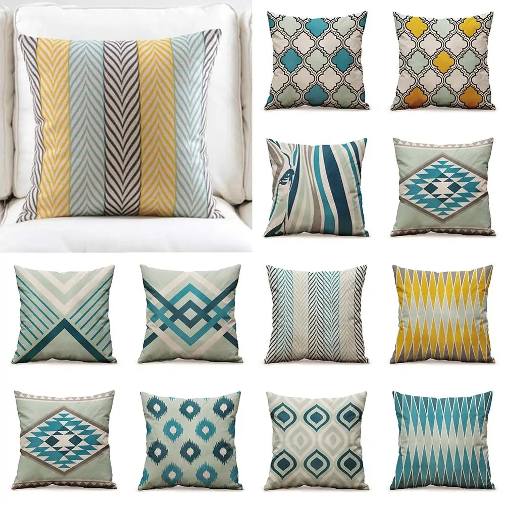 Наволочки в скандинавском стиле с изображением озера зеленые желтые полоску для