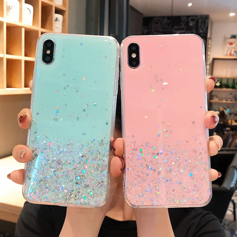 Glitter Bling Star Sequins Case For iPhone 8 7 Plus 7p 6 S 6s Clear Transparent Cases For iphone X XR XS MAX 10 Soft TPU Cover