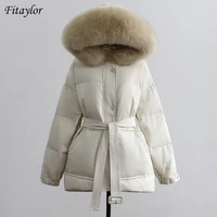 fitaylor winter large natural fur collar hooded jacket women with belt thickness snow warm parkas 90 white duck down loose coat