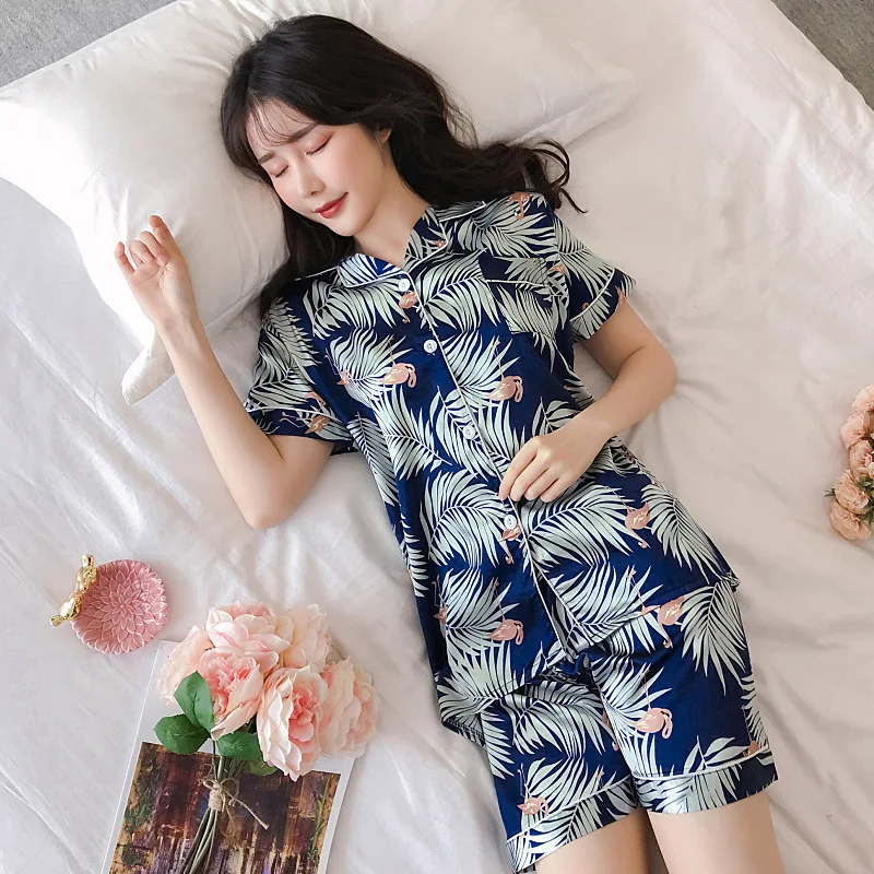 

Women's Pajamas Korean Thin Ice Silk Short-Sleeved Sleepwear Female Summer Cardigan Pyjamas Sleep Tops Girl Cute Homewear Suit