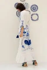 

Bohemia flower embroidery hollow-out tasseled retro modelling the goddess dress dress