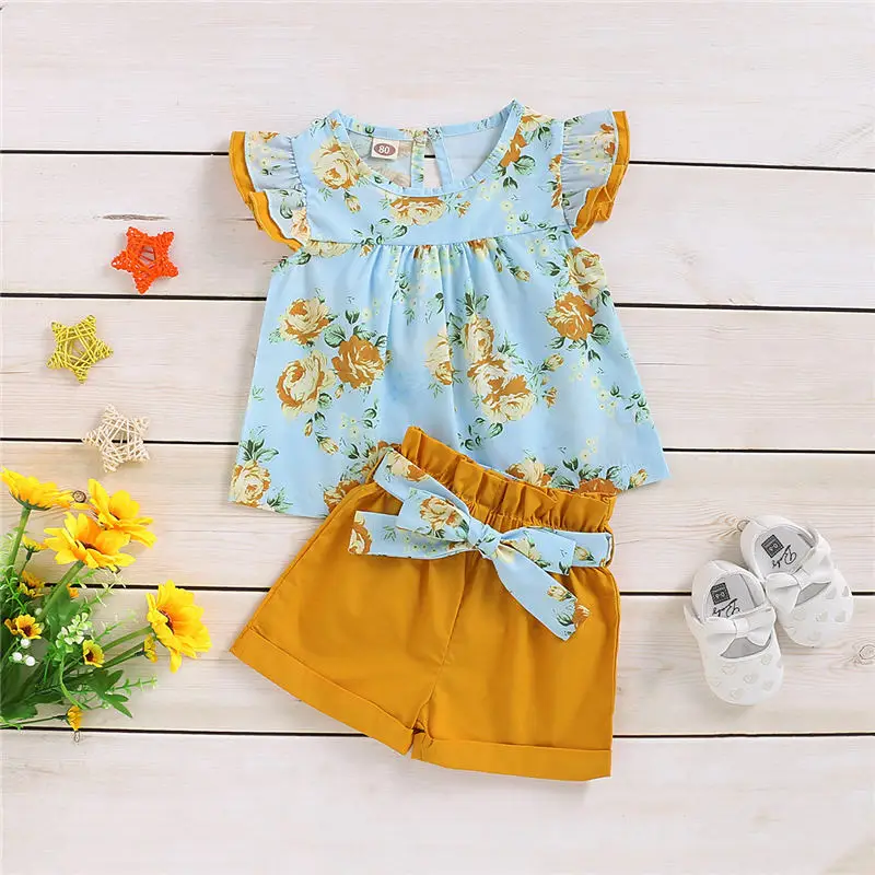 Летний костюм для маленьких девочек цветочный топ с расклешенными рукавами +